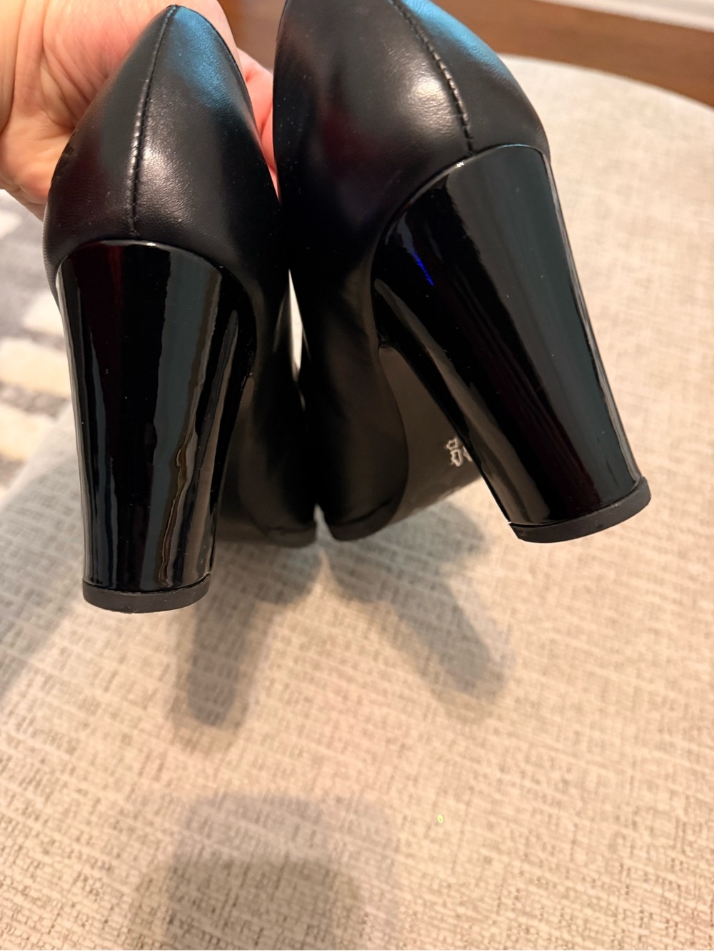 John Fluevog Black Leather Slip-On Heels with Glossy Cap Toe - Picture 3 of 6
